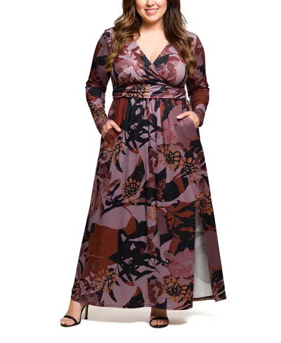 24seven Comfort Apparel Plus Size Gray Floral Print Long Sleeve Wrap Maxi Dress In Multi