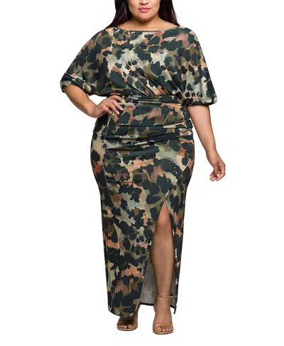 24seven Comfort Apparel Plus Size Green Abstract Print Batwing Sleeve Maxi Dress In Multi