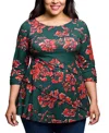24seven Comfort Apparel Plus Size Green Floral Print Three Quarter Sleeve Tunic Top In Multi