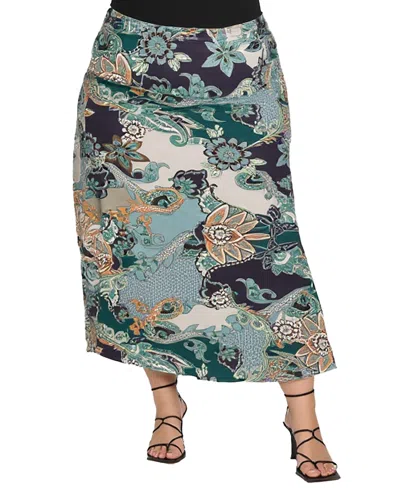 24seven Comfort Apparel Plus Size Green Paisley Print Midi Skirts In Multi