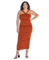 24seven Comfort Apparel Plus Size Halter Cross Neck Ruched Bodycon Mid Dress In Rust