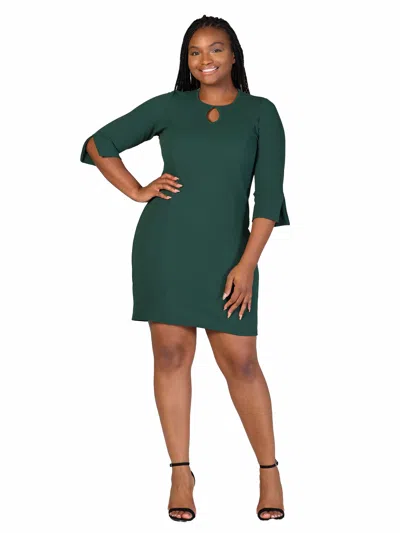 24seven Comfort Apparel Plus Size Keyhole Neck Three Quarter Split Sleeve Mini Dress In Green