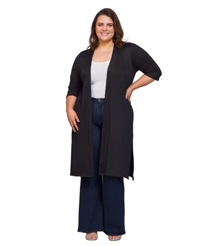 24seven Comfort Apparel Plus Size Knee Length Duster Cardigan Sweater In Black