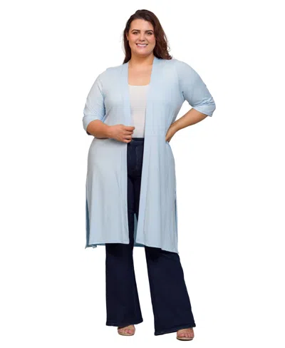 24seven Comfort Apparel Plus Size Knee Length Duster Cardigan Sweater In Blue