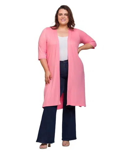 24seven Comfort Apparel Plus Size Knee Length Duster Cardigan Sweater In Orange