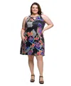 24seven Comfort Apparel Plus Size Knee Length Print Sleeveless Keyhole Dress In Blue