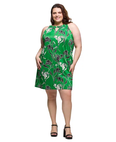 24SEVEN COMFORT APPAREL PLUS SIZE KNEE LENGTH PRINT SLEEVELESS KEYHOLE DRESS
