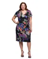 24seven Comfort Apparel Plus Size Knee Length Short Sleeve Faux Wrap Dress In Black Multi