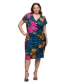 24seven Comfort Apparel Plus Size Knee Length Short Sleeve Faux Wrap Dress In Green Multi