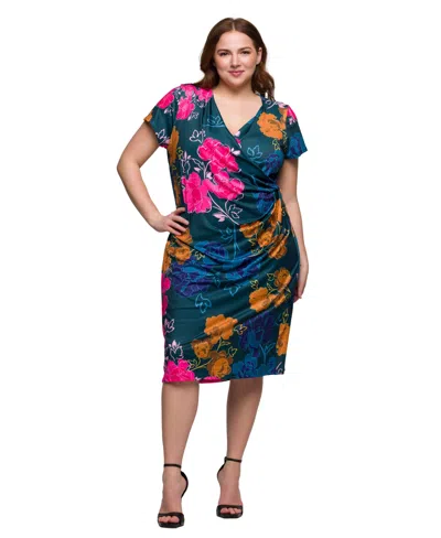 24seven Comfort Apparel Plus Size Knee Length Short Sleeve Faux Wrap Dress In Green Multi