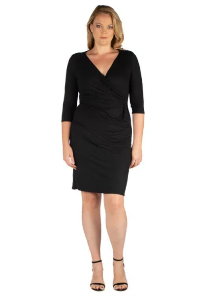 24seven Comfort Apparel Plus Size Knee Length V Neck  Dress In Black