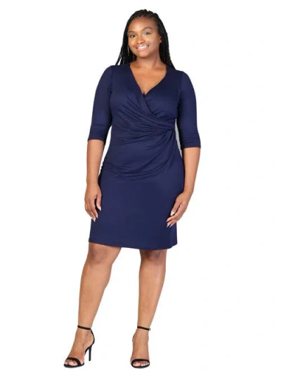 24seven Comfort Apparel Plus Size Knee Length V Neck  Dress In Blue