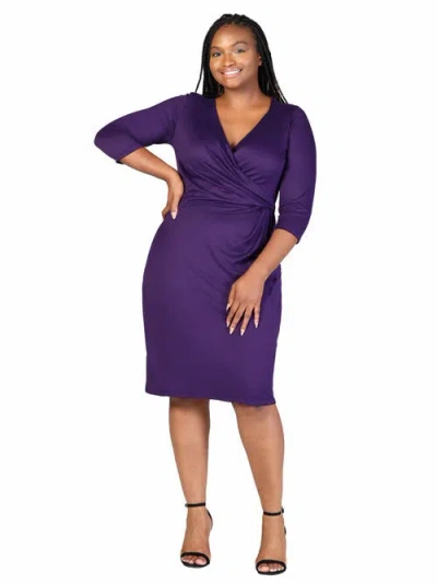 24seven Comfort Apparel Plus Size Knee Length V Neck  Dress In Purple