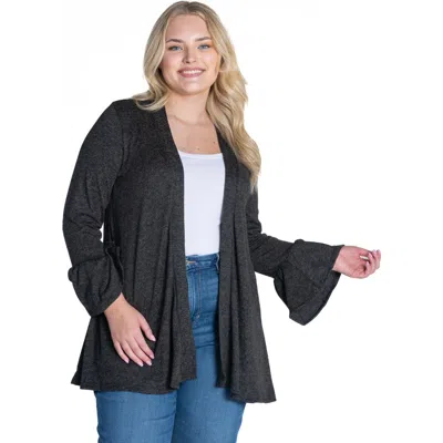 24seven Comfort Apparel Plus Size Knit Three Quarter Bell Sleeve Open Cardigan In Black