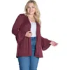 24seven Comfort Apparel Plus Size Knit Three Quarter Bell Sleeve Open Cardigan In Burgundy