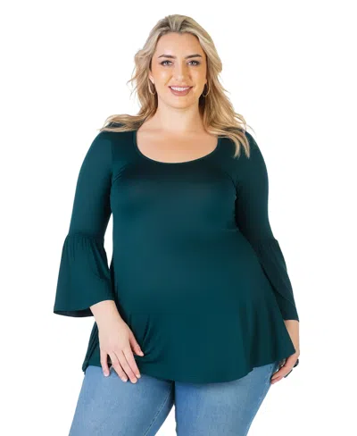 24seven Comfort Apparel Plus Size Long Bell Sleeve Flared Tunic Top In Hunter