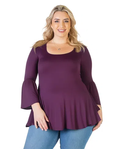 24seven Comfort Apparel Plus Size Long Bell Sleeve Flared Tunic Top In Plum