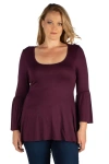 24seven Comfort Apparel Plus Size Long Bell Sleeve Flared  Tunic Top In Purple