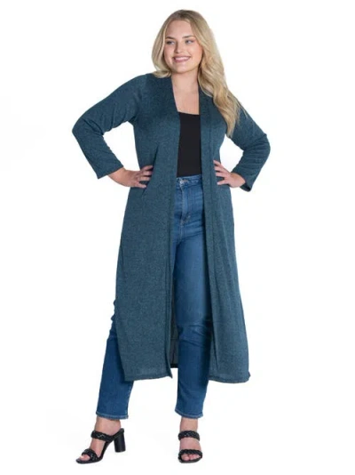 24seven Comfort Apparel Plus Size Long Duster Open Front Knit Cardigan Sweater In Teal
