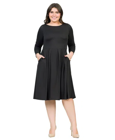 24seven Comfort Apparel Plus Size Long Sleeve Fit And Flare Midi Dress In Black