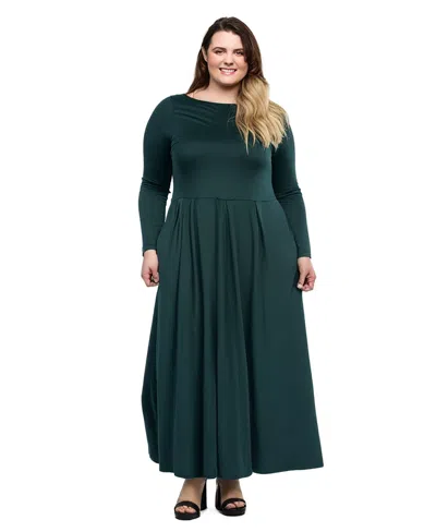 24seven Comfort Apparel Plus Size Long Sleeve Fit And Flare Midi Dress In Hunter
