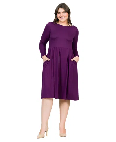 24seven Comfort Apparel Plus Size Long Sleeve Fit And Flare Midi Dress In Purple