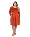 24seven Comfort Apparel Plus Size Long Sleeve Fit And Flare Midi Dress In Rust