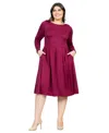 24seven Comfort Apparel Plus Size Long Sleeve Fit And Flare Midi Dress In Wine