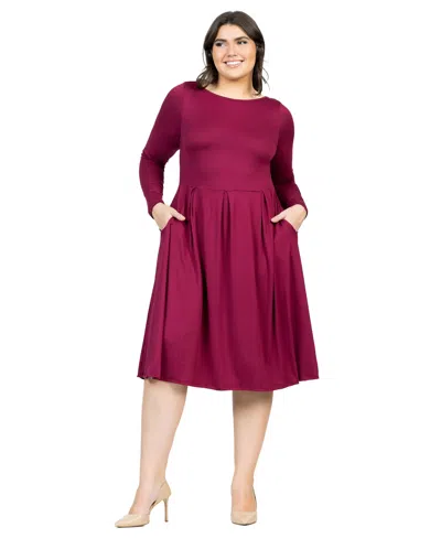 24seven Comfort Apparel Plus Size Long Sleeve Fit And Flare Midi Dress In Wine