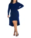 24seven Comfort Apparel Plus Size Long Sleeve High Low Dress In Navy