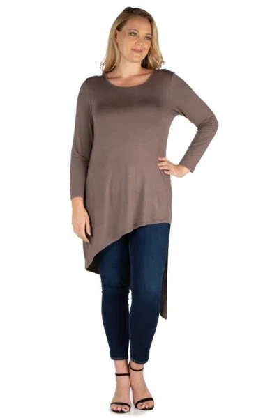 24seven Comfort Apparel Plus Size Long Sleeve Knee Length Asymmetrical  Tunic Top In Brown