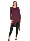 24seven Comfort Apparel Plus Size Long Sleeve Knee Length Asymmetrical  Tunic Top In Purple