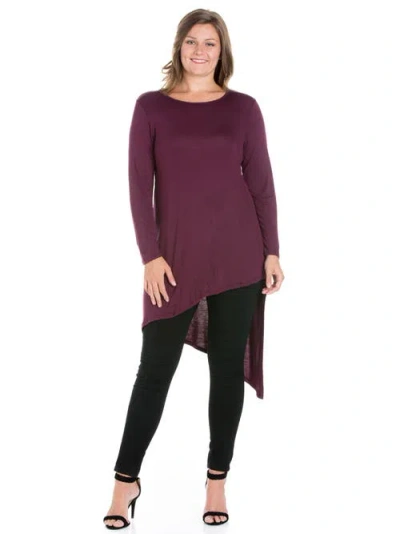 24seven Comfort Apparel Plus Size Long Sleeve Knee Length Asymmetrical  Tunic Top In Purple