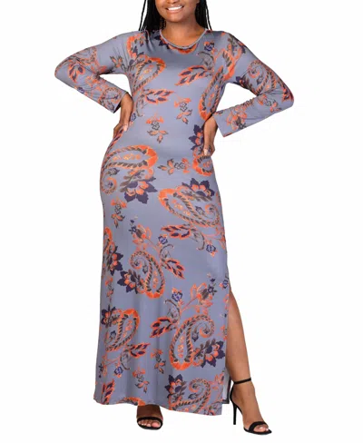 24seven Comfort Apparel Plus Size Long Sleeve Maxi Dress In Purple Multi