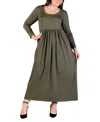 24seven Comfort Apparel Long Sleeve Empire Waist Pocket Maxi Dress In Olive
