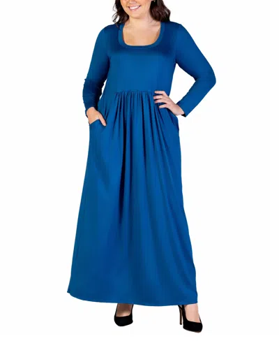 24seven Comfort Apparel Plus Size Long Sleeve Maxi Dress With Pockets In Teal