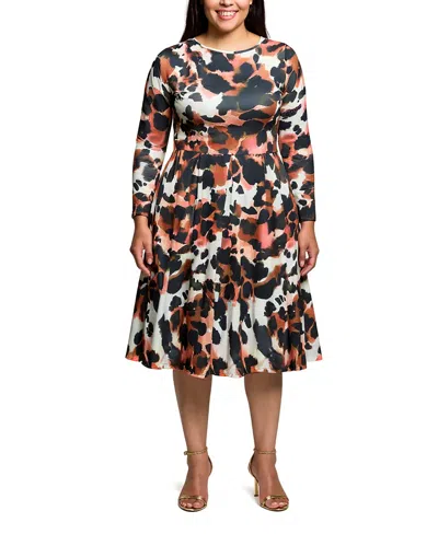 24seven Comfort Apparel Plus Size Long Sleeve Midi Dress In Brown