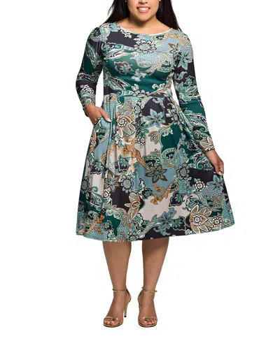 24seven Comfort Apparel Plus Size Long Sleeve Midi Dress In Green