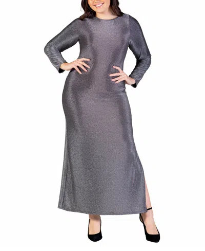24seven Comfort Apparel Plus Size Long Sleeve Shimmery Maxi Dress In Silver