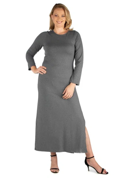24seven Comfort Apparel Plus Size Long Sleeve Side Slit Fitted Black  Maxi Dress In Gray