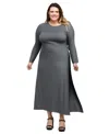 24seven Comfort Apparel Plus Size Long Sleeve Side Slit Fitted Maxi Dress In Grey