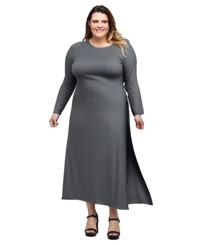 24seven Comfort Apparel Plus Size Long Sleeve Side Slit Fitted Maxi Dress In Grey