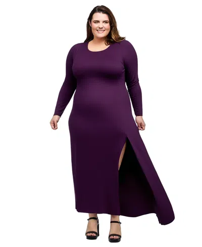24seven Comfort Apparel Plus Size Long Sleeve Side Slit Fitted Maxi Dress In Purple