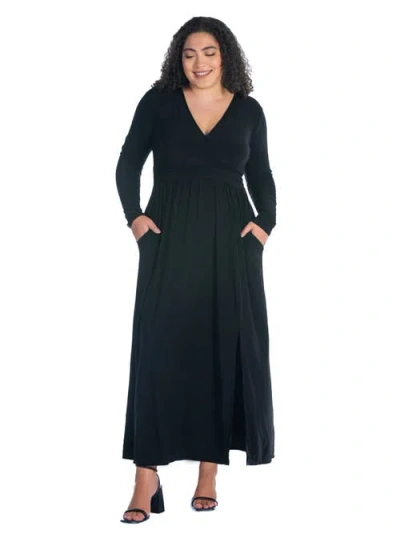 24seven Comfort Apparel Plus Size Long Sleeve V Neck Side Slit Maxi Dress In Black