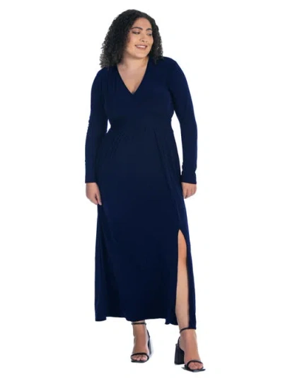 24SEVEN COMFORT APPAREL 24SEVEN COMFORT APPAREL PLUS SIZE LONG SLEEVE V NECK SIDE SLIT  MAXI DRESS