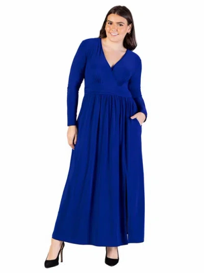 24seven Comfort Apparel Plus Size Long Sleeve V Neck Side Slit  Maxi Dress In Blue