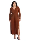 24seven Comfort Apparel Womens Long Sleeve V-neck Side Slit Maxi Dress In Brown
