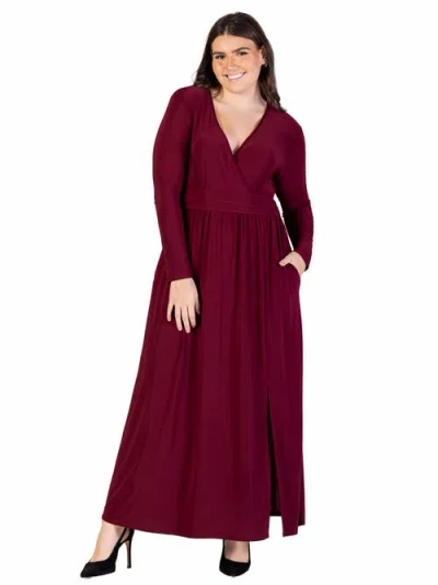 24seven Comfort Apparel Plus Size Long Sleeve V Neck Side Slit  Maxi Dress In Burgundy