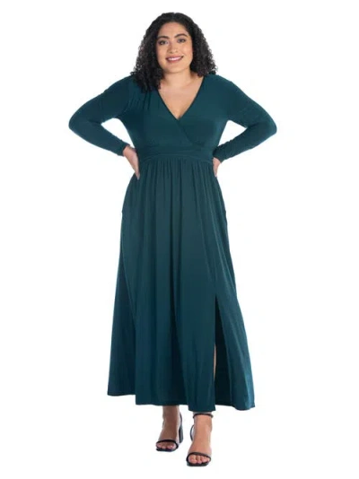 24seven Comfort Apparel Plus Size Long Sleeve V Neck Side Slit Maxi Dress In Green