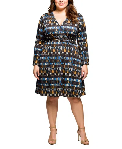 24seven Comfort Apparel Plus Size Long Sleeve Wrap With Belt Dress In Multi